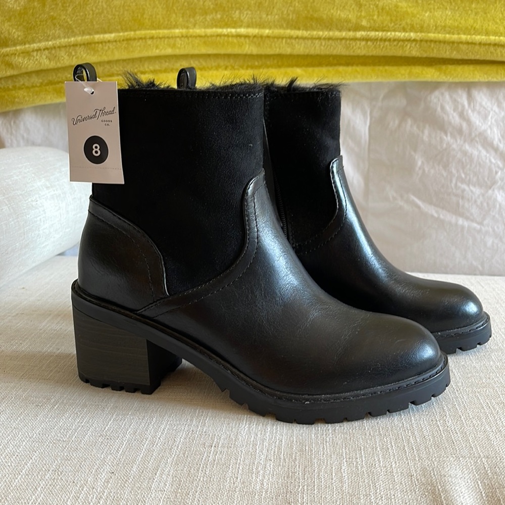 NWT Universal Thread black booties. Faux fur lined. True to Size